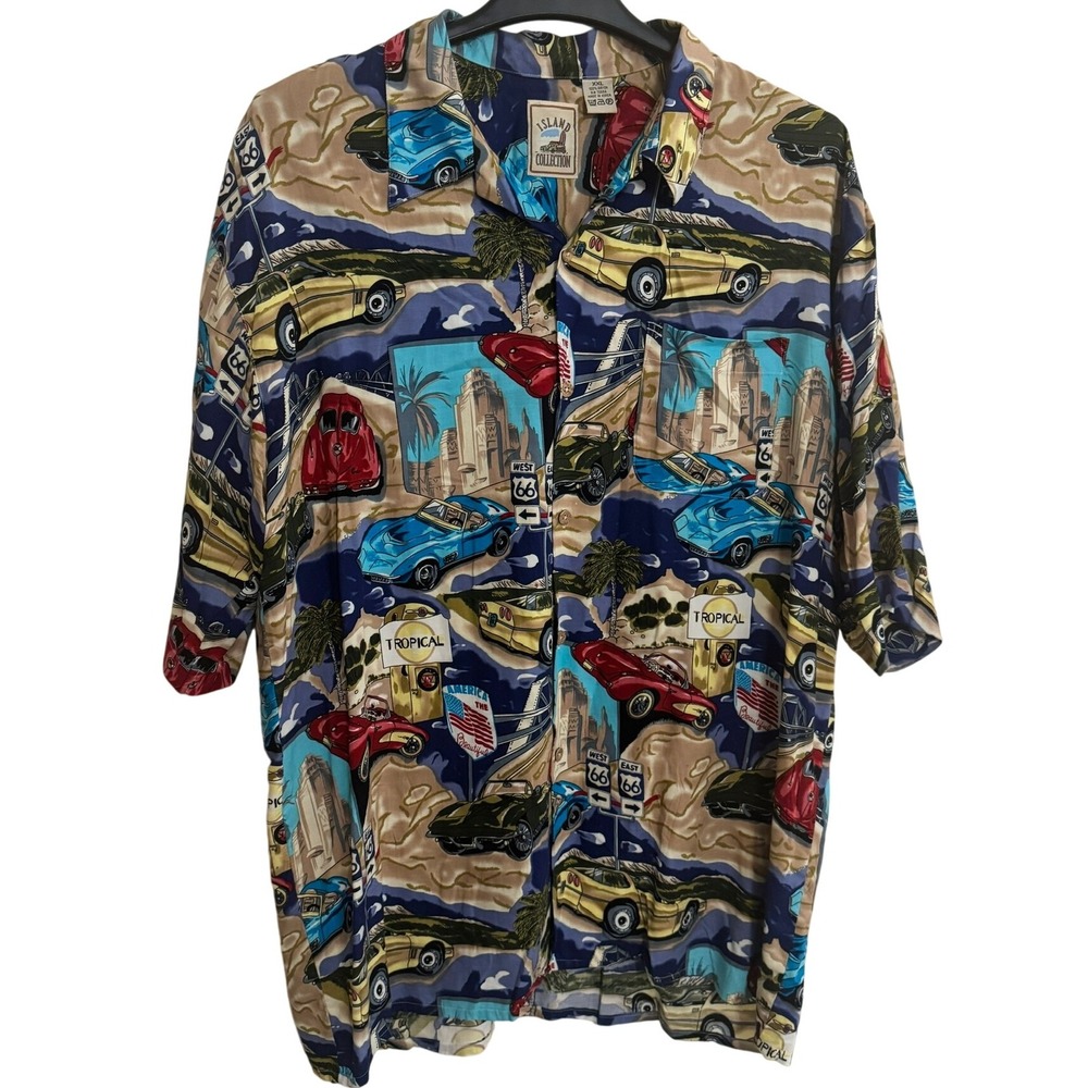 Vintage Island Collection Button Down Shirt mens 2XL Hawaiian Corvette‎ Route 66